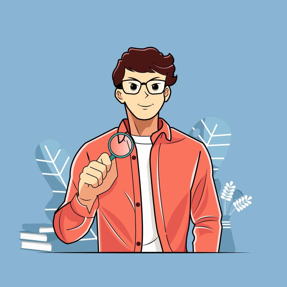 Boy holding a magnifying glass in hand  vector illustration free download