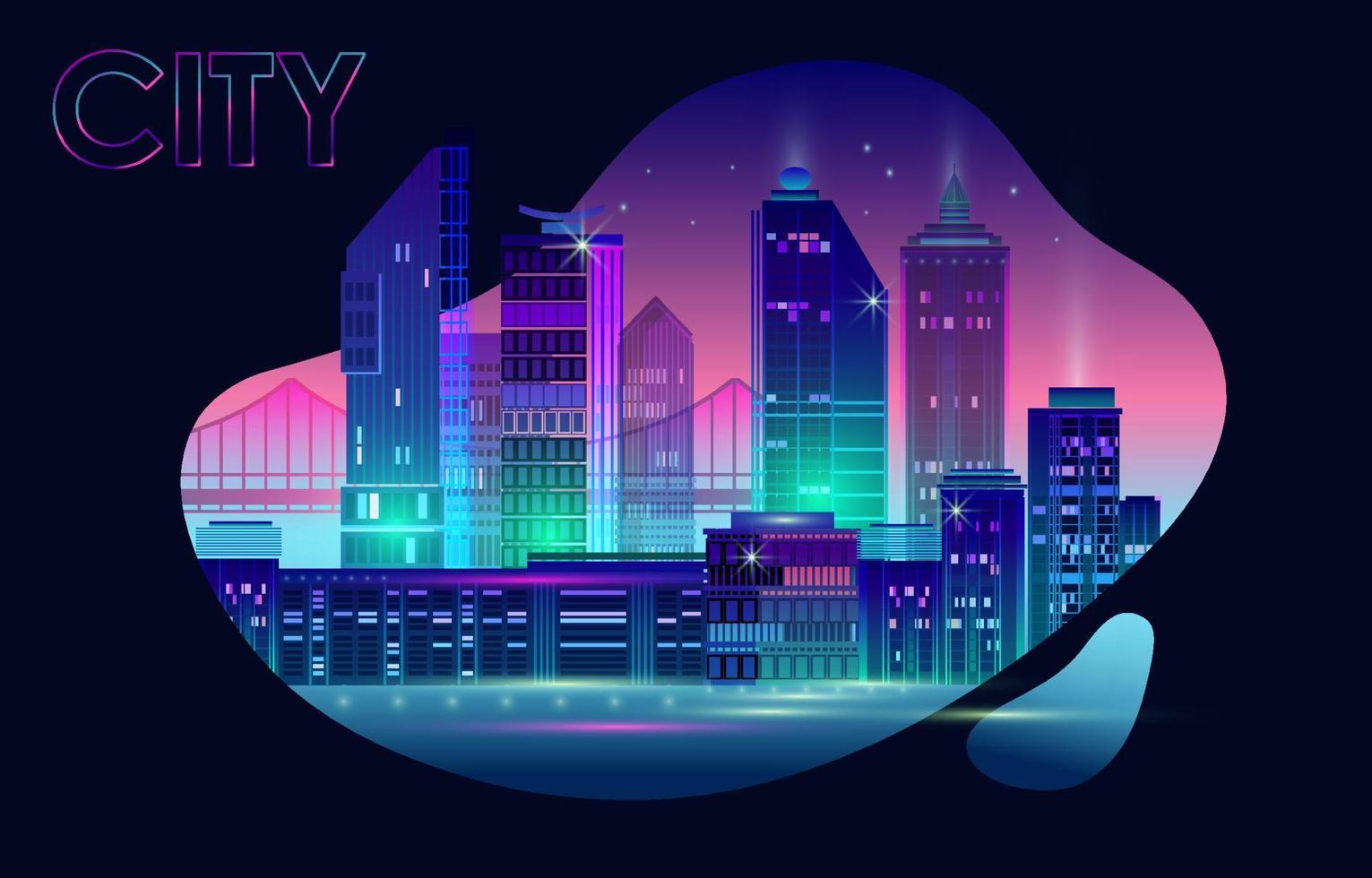 Night City Panorama with Neon Glow on Dark Background. Vector. vector