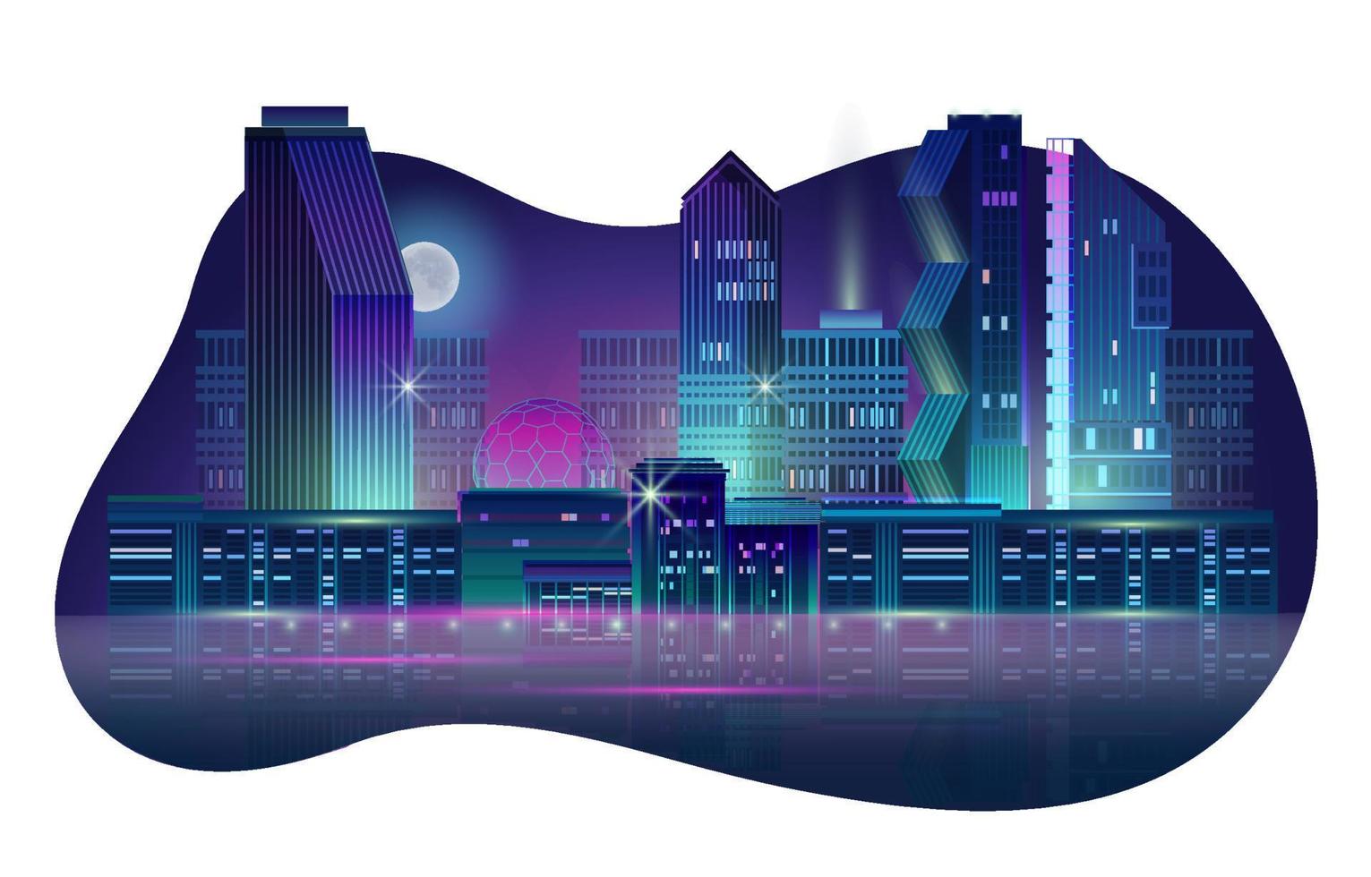 Night City Panorama with Neon Glow on Dark Background. Vector. vector