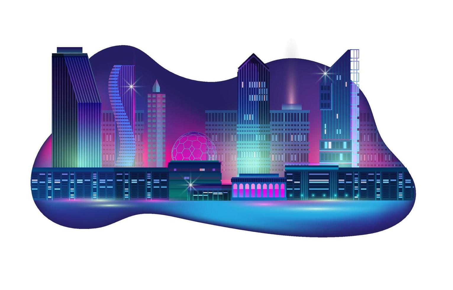 Night City Panorama with Neon Glow. Vector illustration.