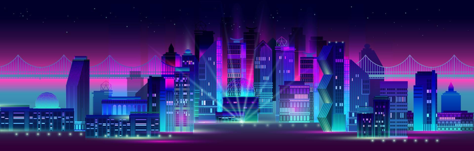 Night City Panorama with Neon Glow on Dark Background. Vector. vector