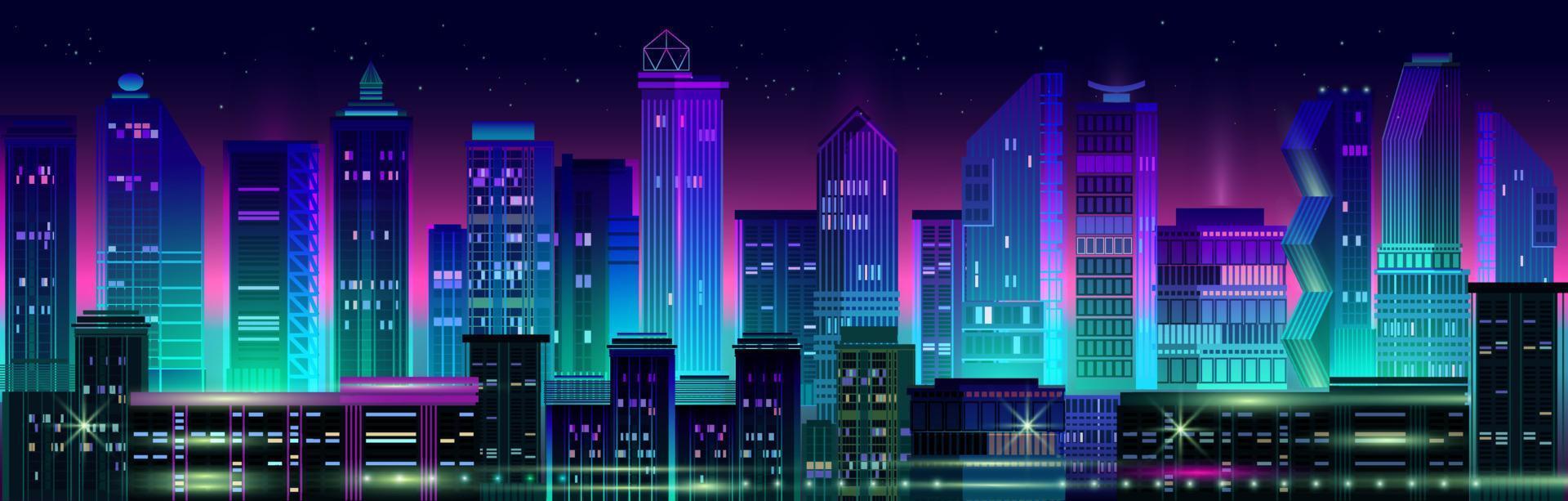 Night City Panorama with Neon Glow on Dark Background. Vector. vector