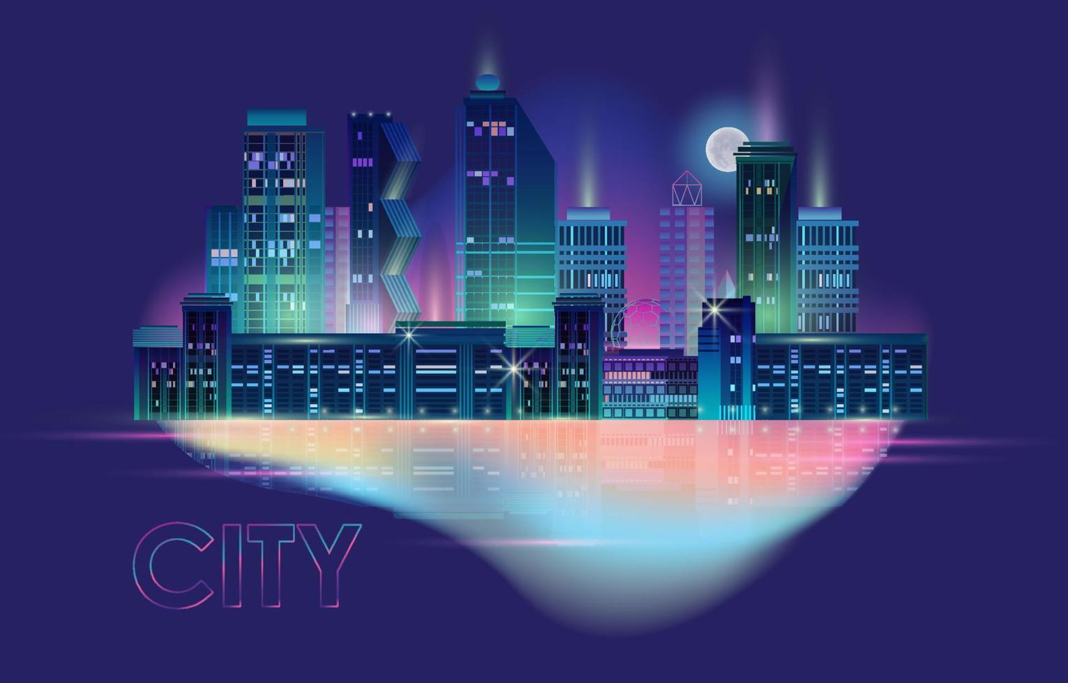 Night City Panorama with Neon Glow on Dark Background. Vector. vector