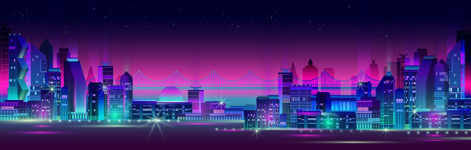 Night City Panorama with Neon Glow on Dark Background. Vector. vector