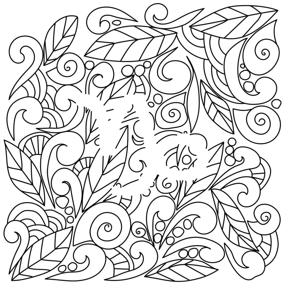 coloring page using negative space, silhouette of the zodiac sign capricorn, doodle patterns of leaves and curls, vector outline illustration