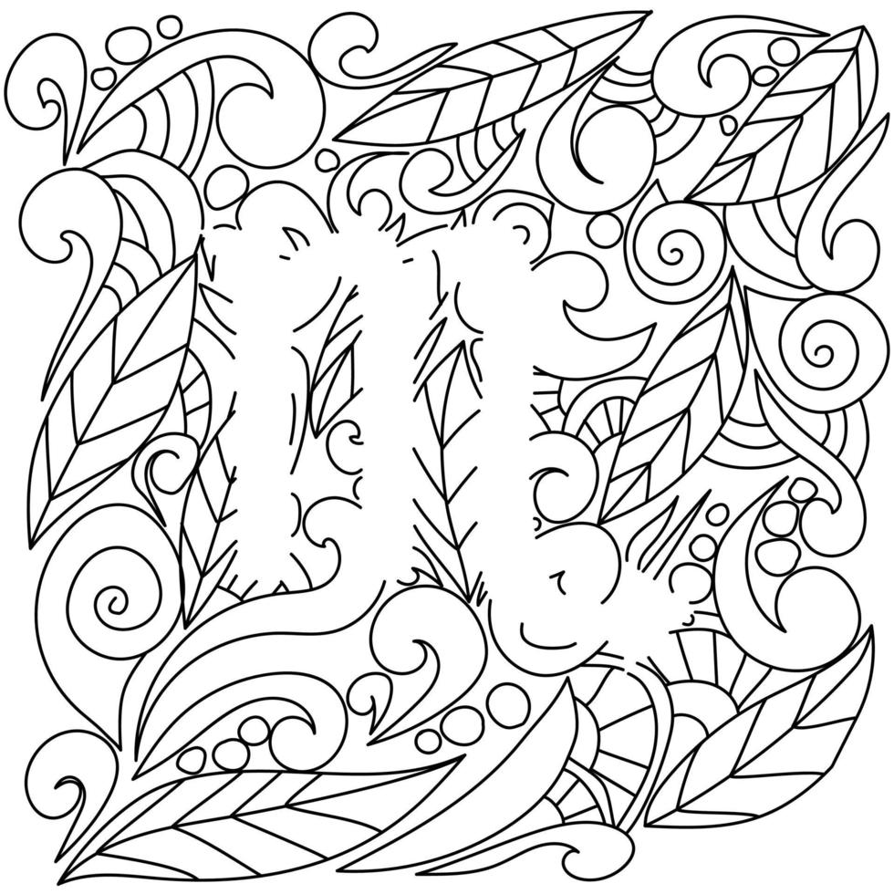 coloring page using negative space, silhouette of scorpio zodiac sign, doodle patterns of leaves and curls, vector outline illustration