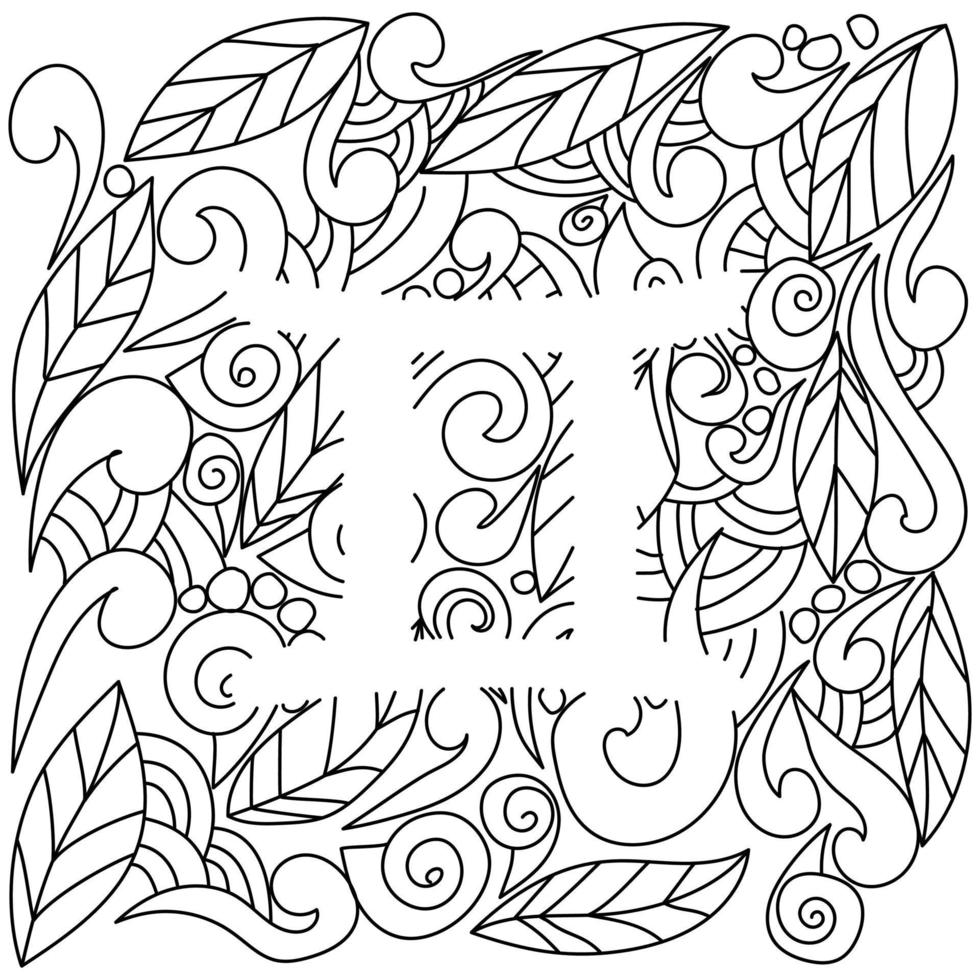 página de color usando espacio negativo, silueta del signo zodiaco géminis, patrones de garabatos de hojas y rizos, ilustración de contorno vectorial vector