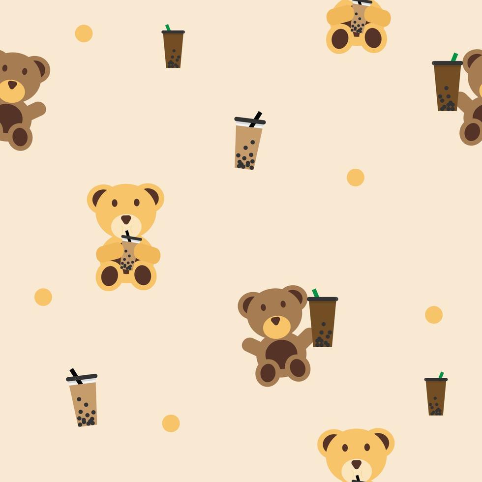 brown teddy bear and yellow teddy bear drinking Boba tea fabric seamless cute pattern vector