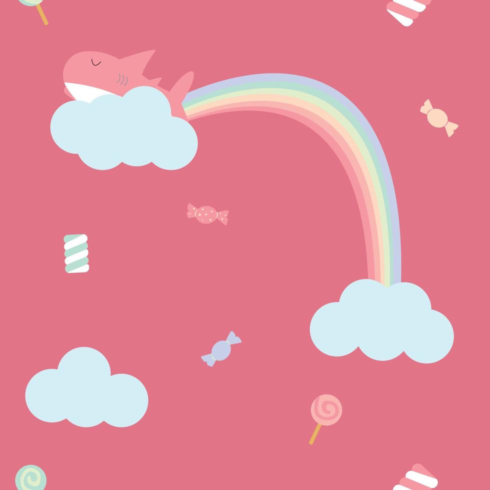 cute shark is sleeping on the cloud with sweets around fabric seamless cute pattern vector