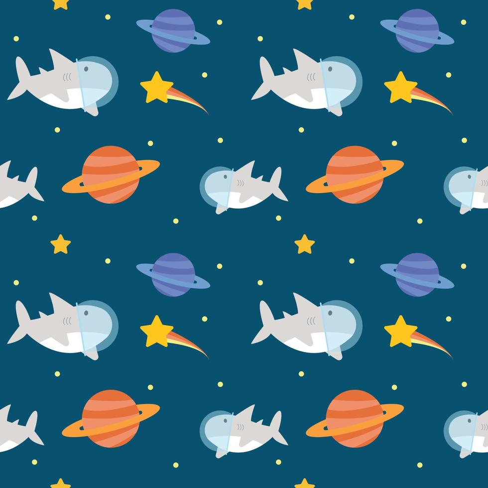 cute shark flying in the space with Saturn and star around fabric seamless cute pattern vector