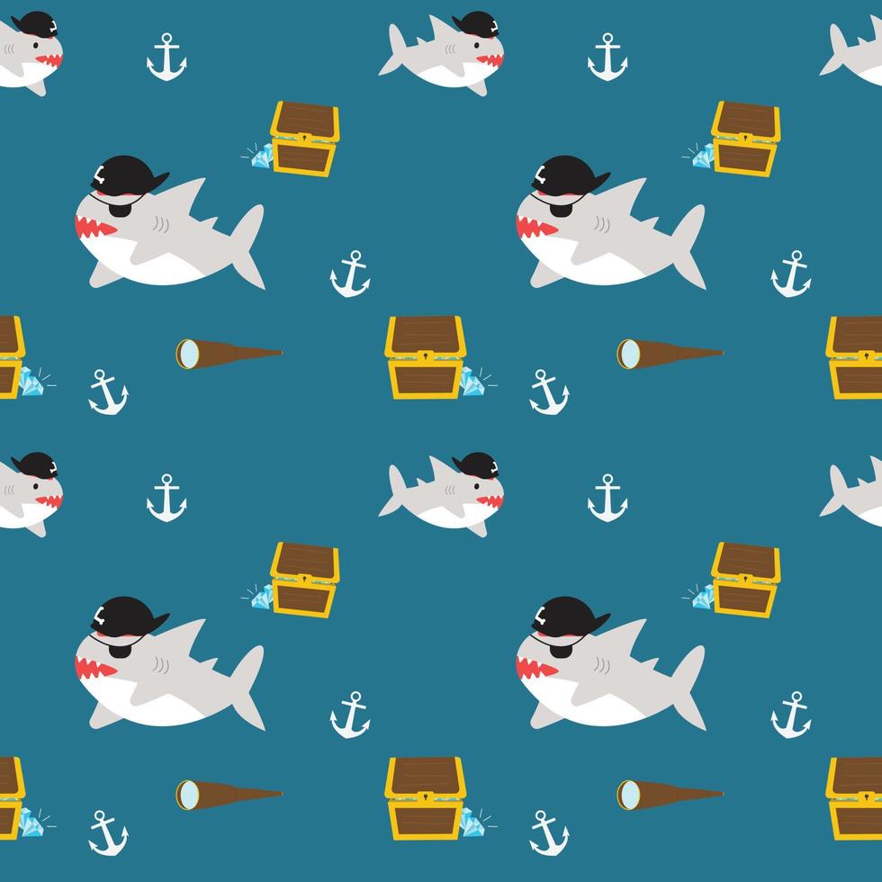 cute shark wearing pirate hat with anchor and treasure chest fabric seamless cute pattern vector