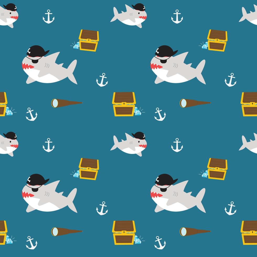 cute shark wearing pirate hat with anchor and treasure chest fabric seamless cute pattern vector