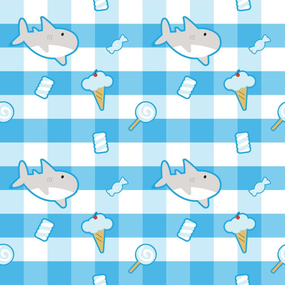 cute shark in blue and white background with sweets around fabric seamless cute pattern vector