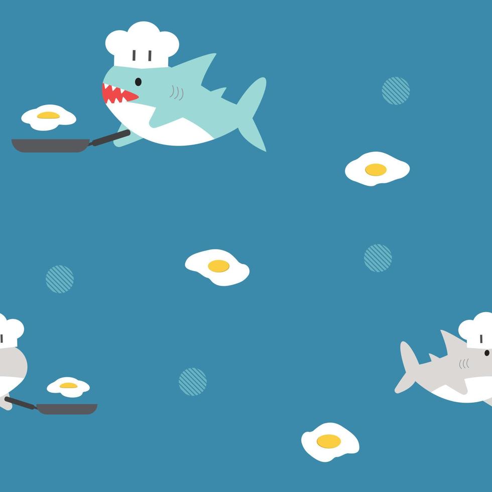 cute shark is using pan to make fried egg fabric seamless cute pattern vector