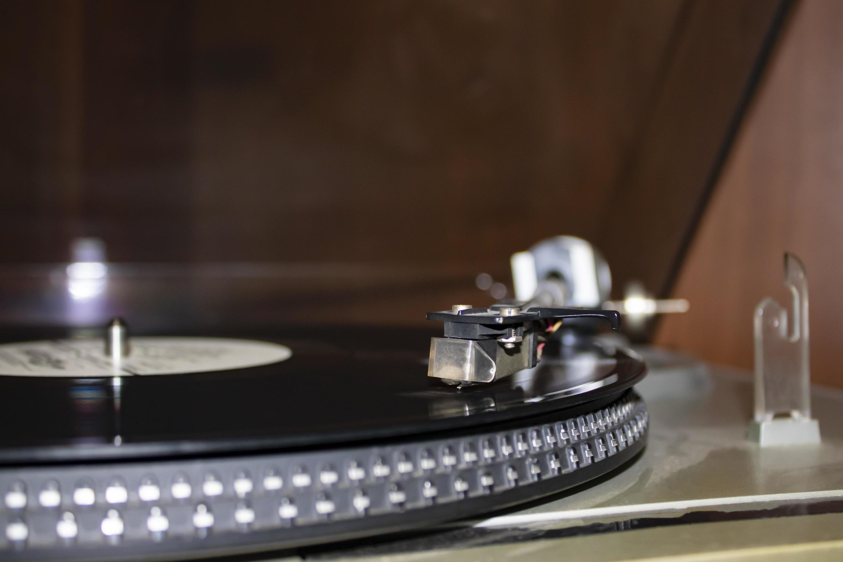 Modern Vinyl Record Player With Disc On Black Background Closeup Stock Photo At Vecteezy