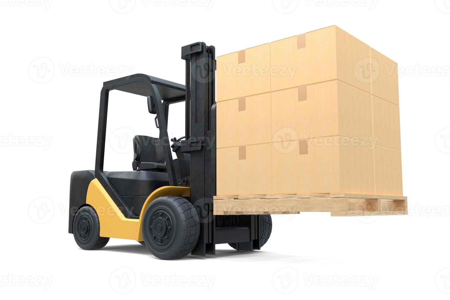 The forklift truck is lifting a pallet with cardboard boxes on white background photo