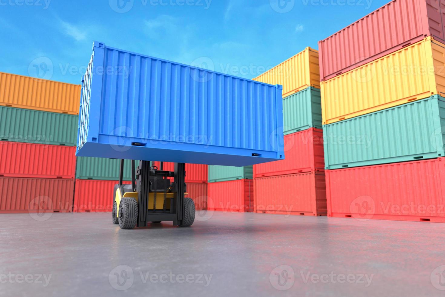 Forklift truck lifting container, delivery service concept, freight transportation logistics photo