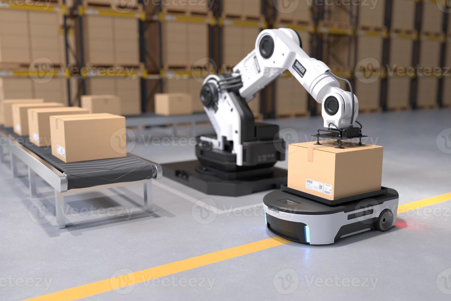 The Robot arm picks up the box to Autonomous Robot transportation in warehouses, Warehouse automation concept photo