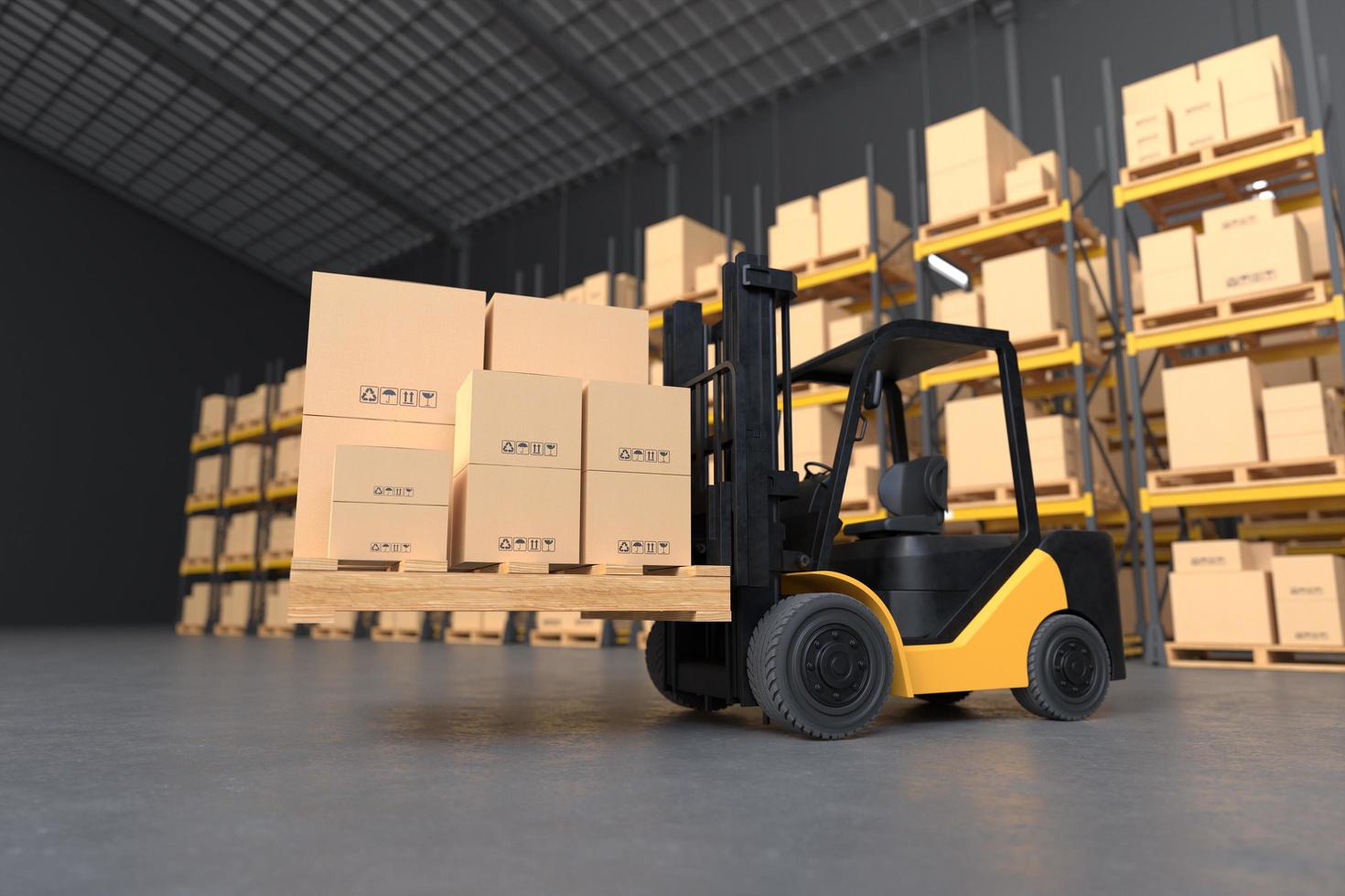 Forklift is lifting a wooden pallet in a warehouse photo