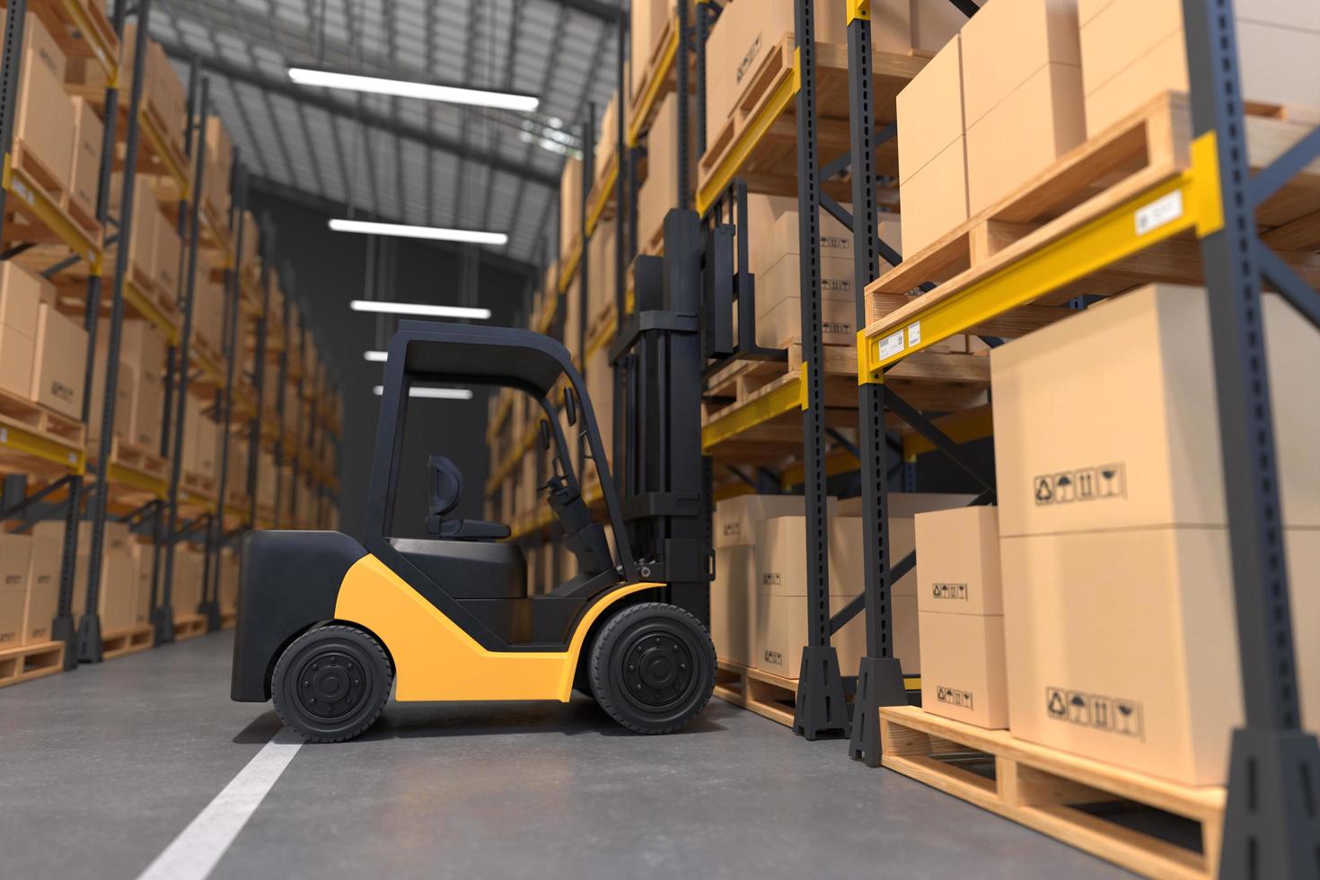 Forklift is lifting a wooden pallet in a warehouse photo