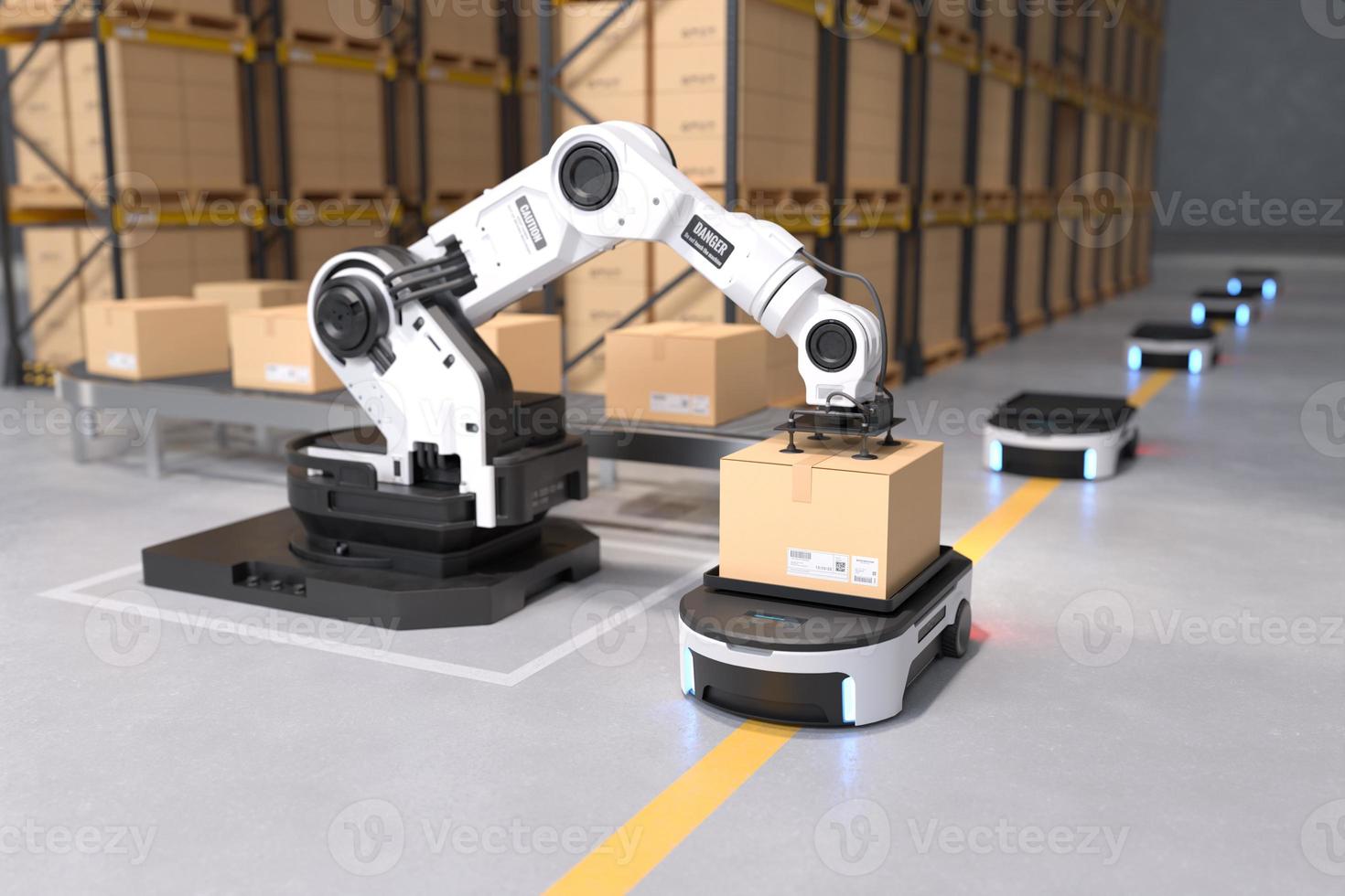 The Robot arm picks up the box to Autonomous Robot transportation in warehouses, Warehouse automation concept photo