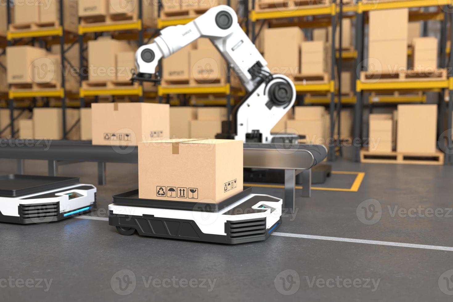 The Robot arm picks up the box to Autonomous Robot transportation in warehouses, Warehouse automation concept photo