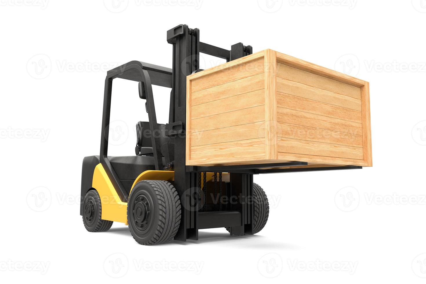 The forklift truck is lifting a wooden crate on white background, delivery service concept photo