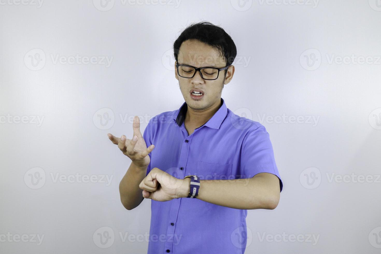 Being late to work and deadline, Young asian man is time delay and late on project. Executive angry, hurry, stress, frustrated and unsatisfied worker man lateness to office. photo