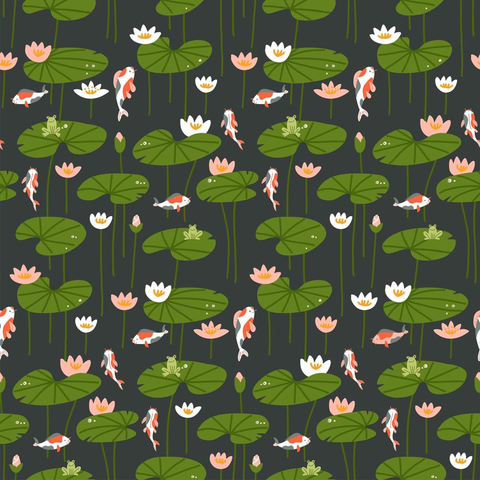 Seamless pattern with carp and lotus on a dark blue background. Side view floral backdrop for decoration of textiles, packaging and web design. vector