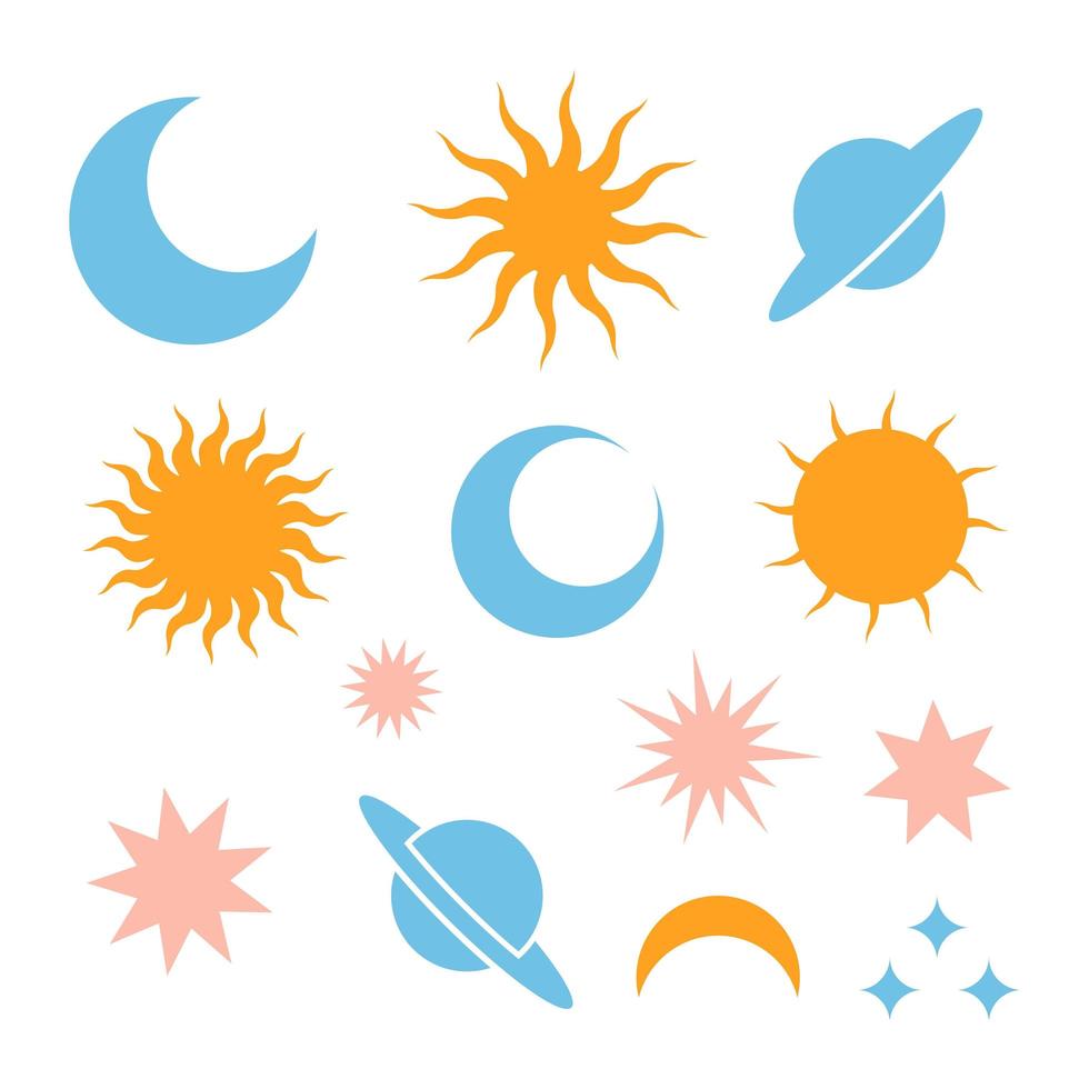 Moon Moon eclipse, stars, Saturn and Sun silhouette icons. Simple sign of day and night. Celestial outline pictogram isolated on transparent background. Vector Icon shape.