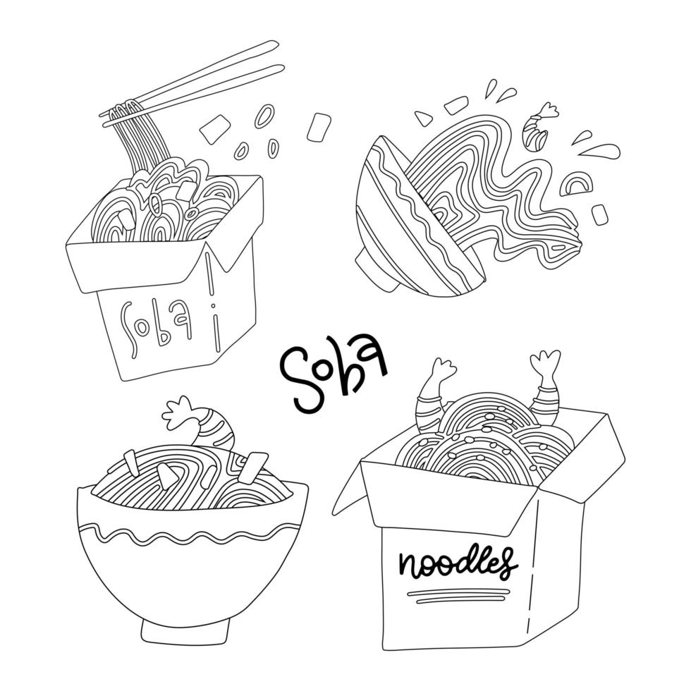 conjunto de fideos soba en tazón y cajas. ilustración vectorial de estilo de línea plana aislada sobre fondo blanco. colección de garabatos lineales. vector