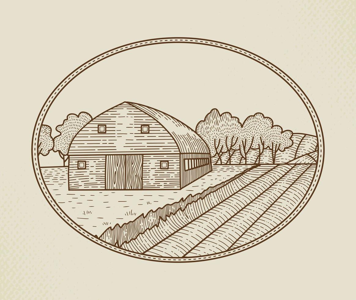 paisaje rural en estilo gráfico con granja y campo como elemento de diseño gráfico para la creación de la etiqueta o marcas registradas. signo de vector rural, plantilla de logotipo de placa. boceto de granja en marco ovalado.