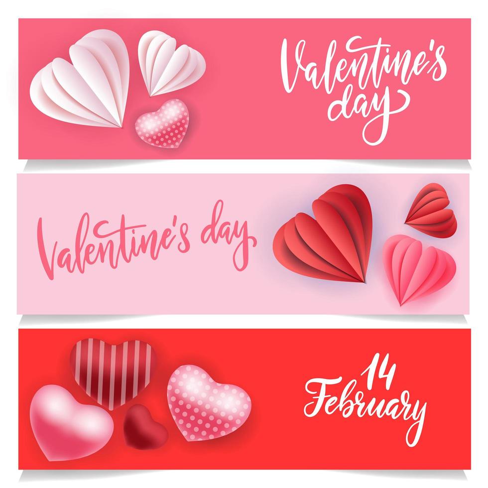 Set of 3 horizontal vouchers for a holiday with a 3d effect. Gift certificate for a holiday with baloon and paper cut hearts. Colorful illustration for your banner, poster, flyer, brochure. vector