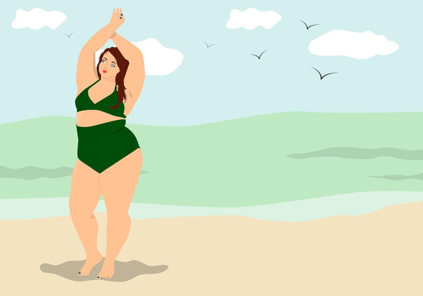 mujer con sobrepeso celebrando levantar las manos al cielo en la playa de verano. vector