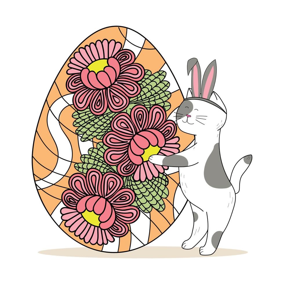 gato de pascua con un huevo de color vector