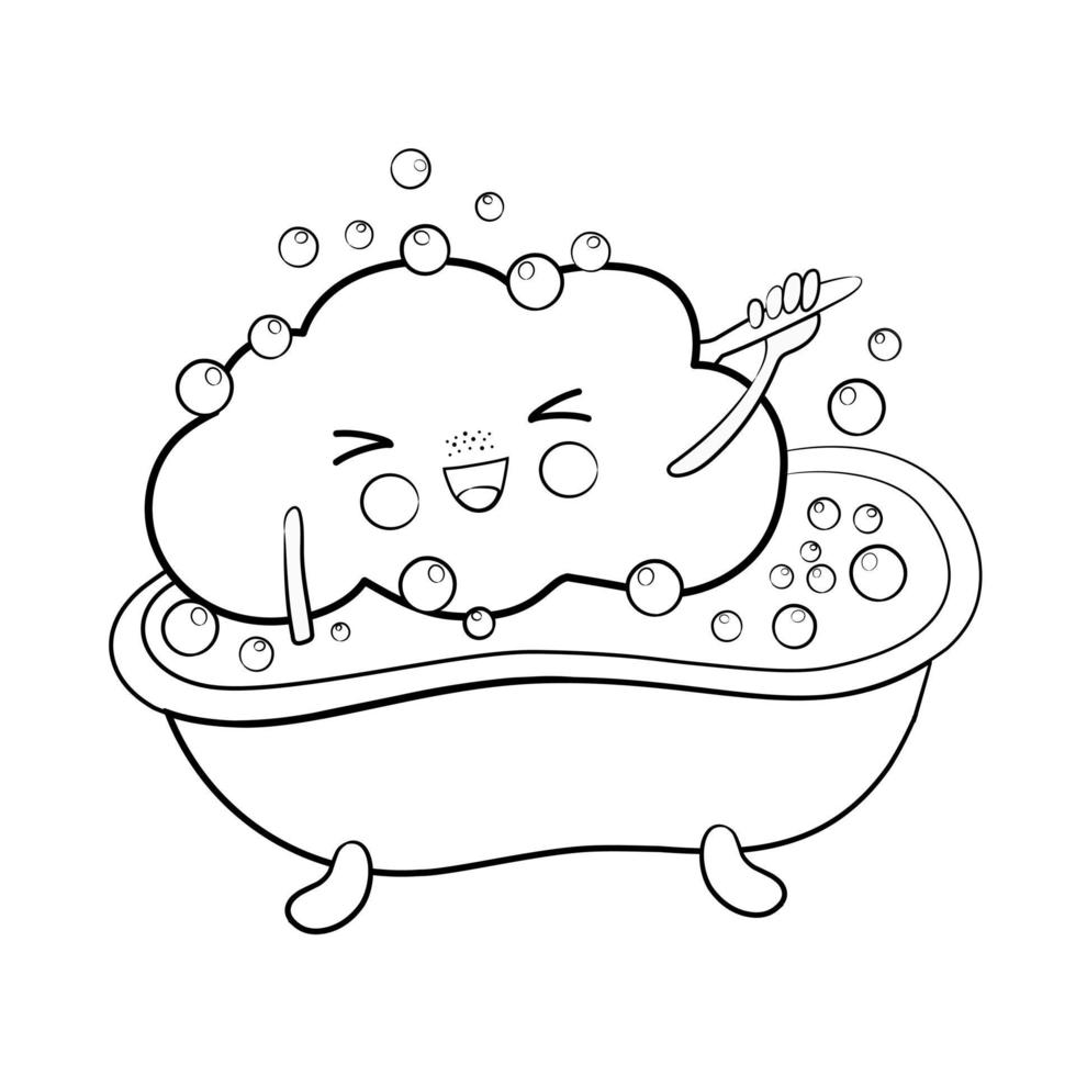 Cute  black and white contour-drawn cartoon cloud bathing in the bathroom. Cartoon vector illustration. Kawaii, children's isolated vector illustration.  Cloud illustration.  Coloring page.