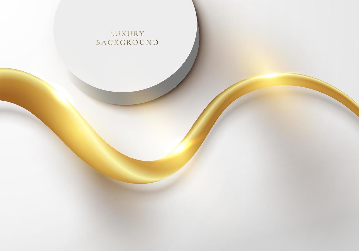 3D realistic white cylinder podium and golden wave curved line elements vector