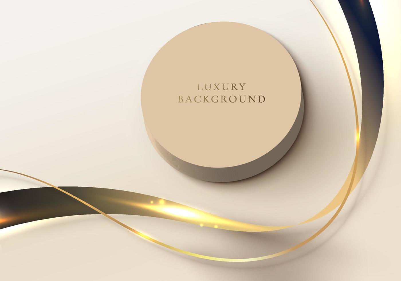 3D realistic brown cylinder podium and elegant golden wave lines vector