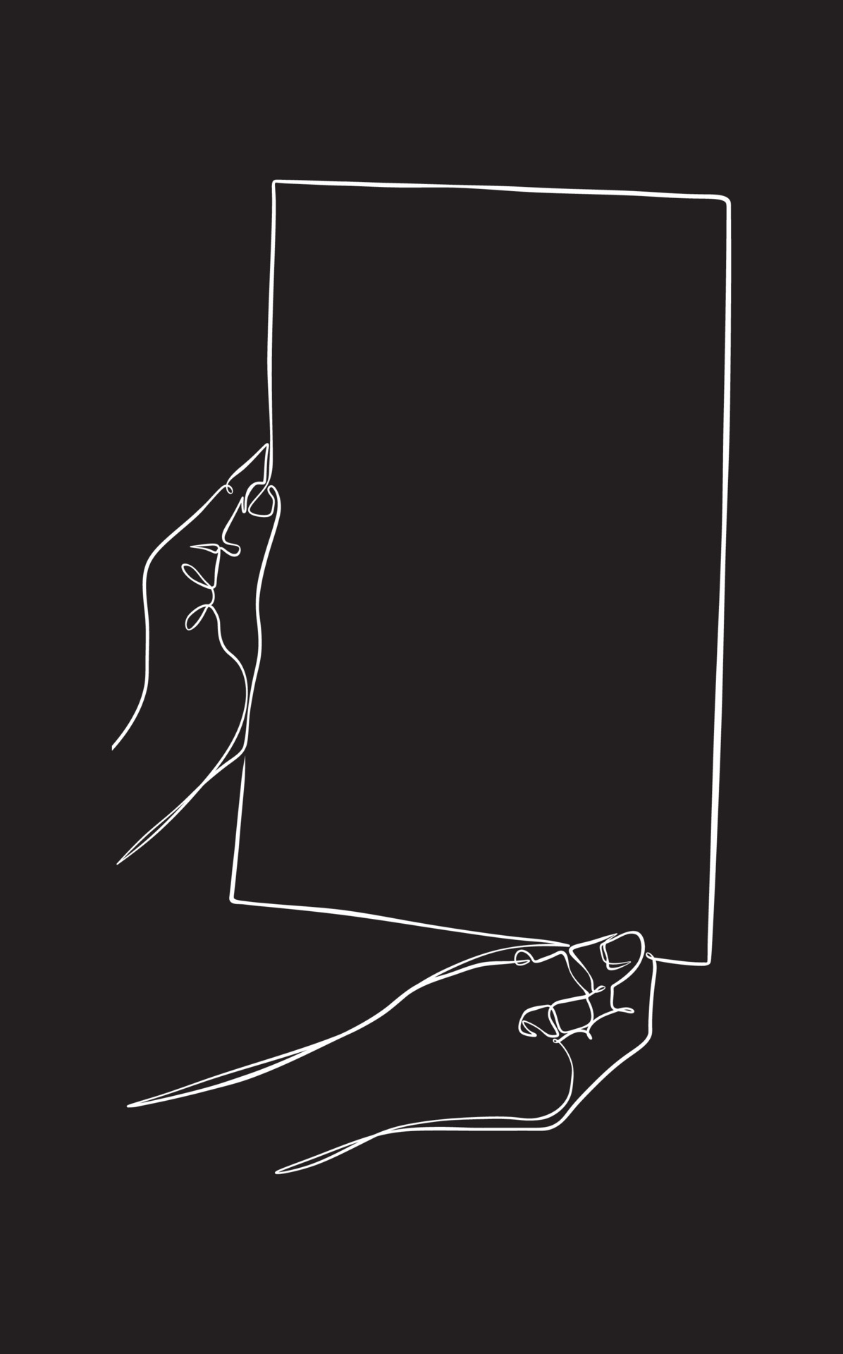 Hands showing blank paper, one continuous line on black background