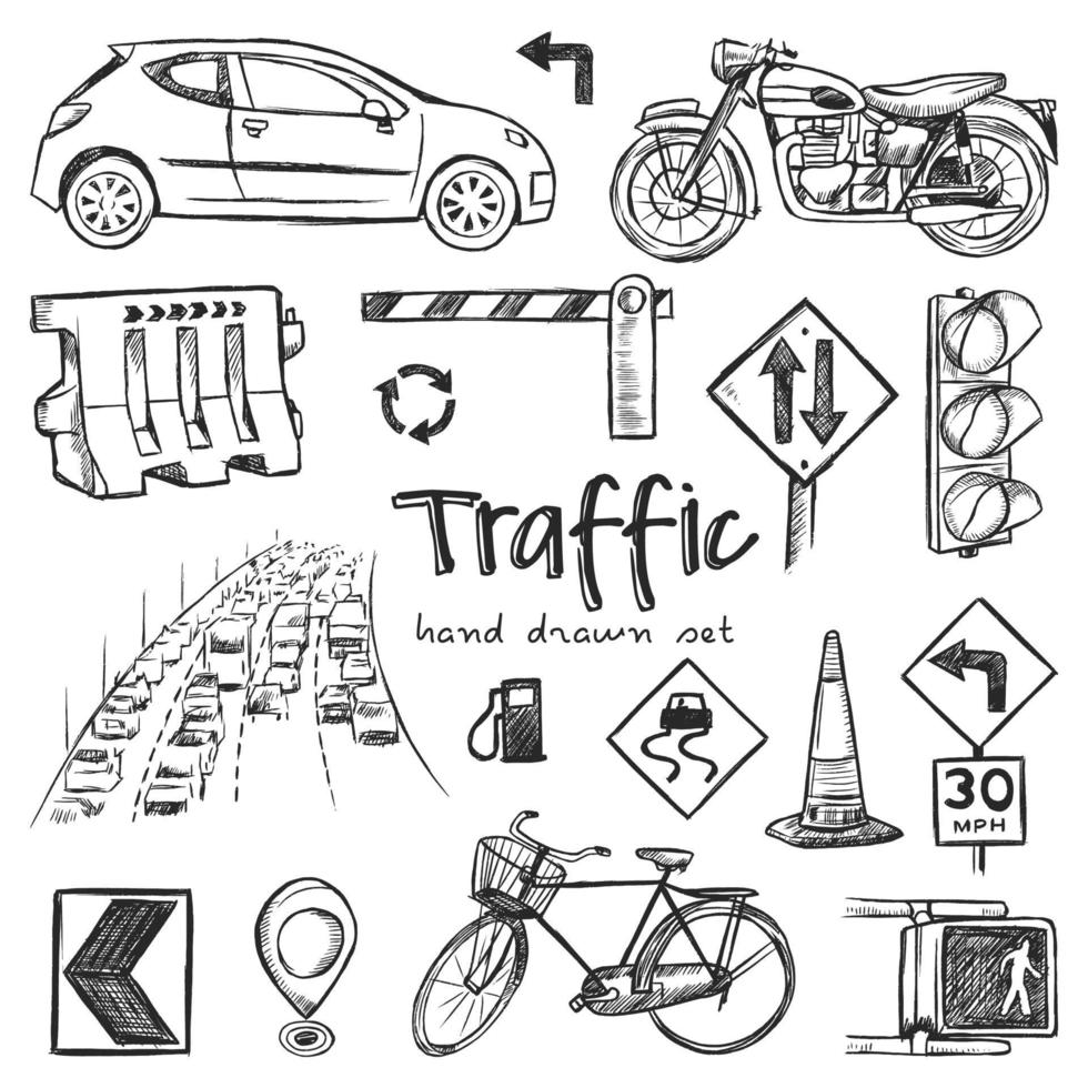 Hand drawn traffic doodle set. Vector illustration. Elements isolated on a white background. Symbol collection.