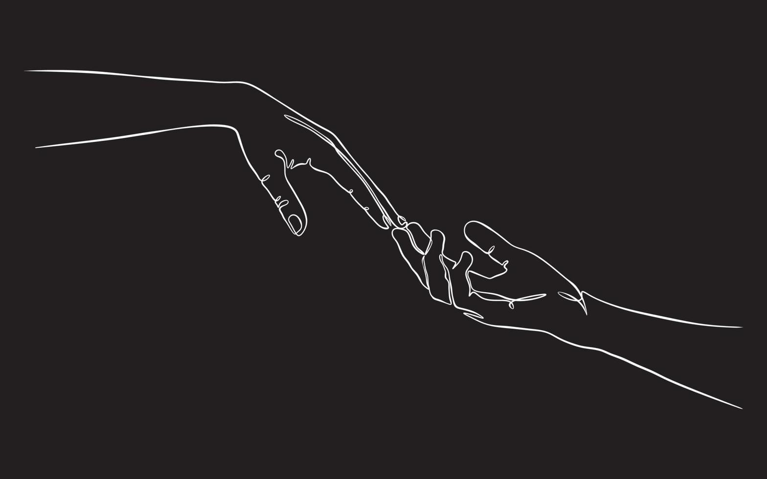 Two hands reaching out one contiguous line in a black background vector illustration