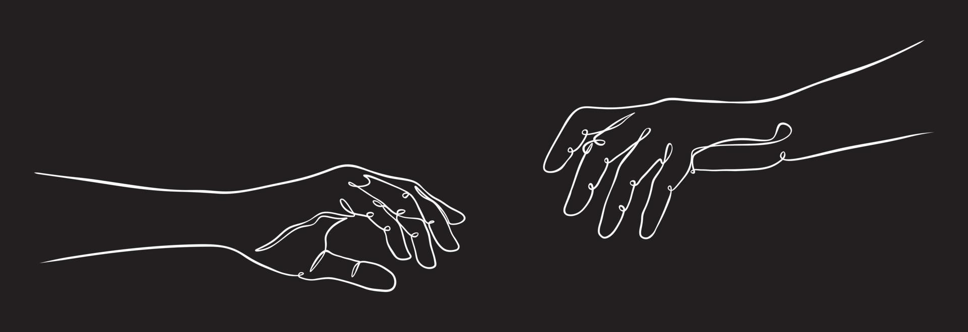 Two hands reaching out one contiguous line in a black background vector illustration