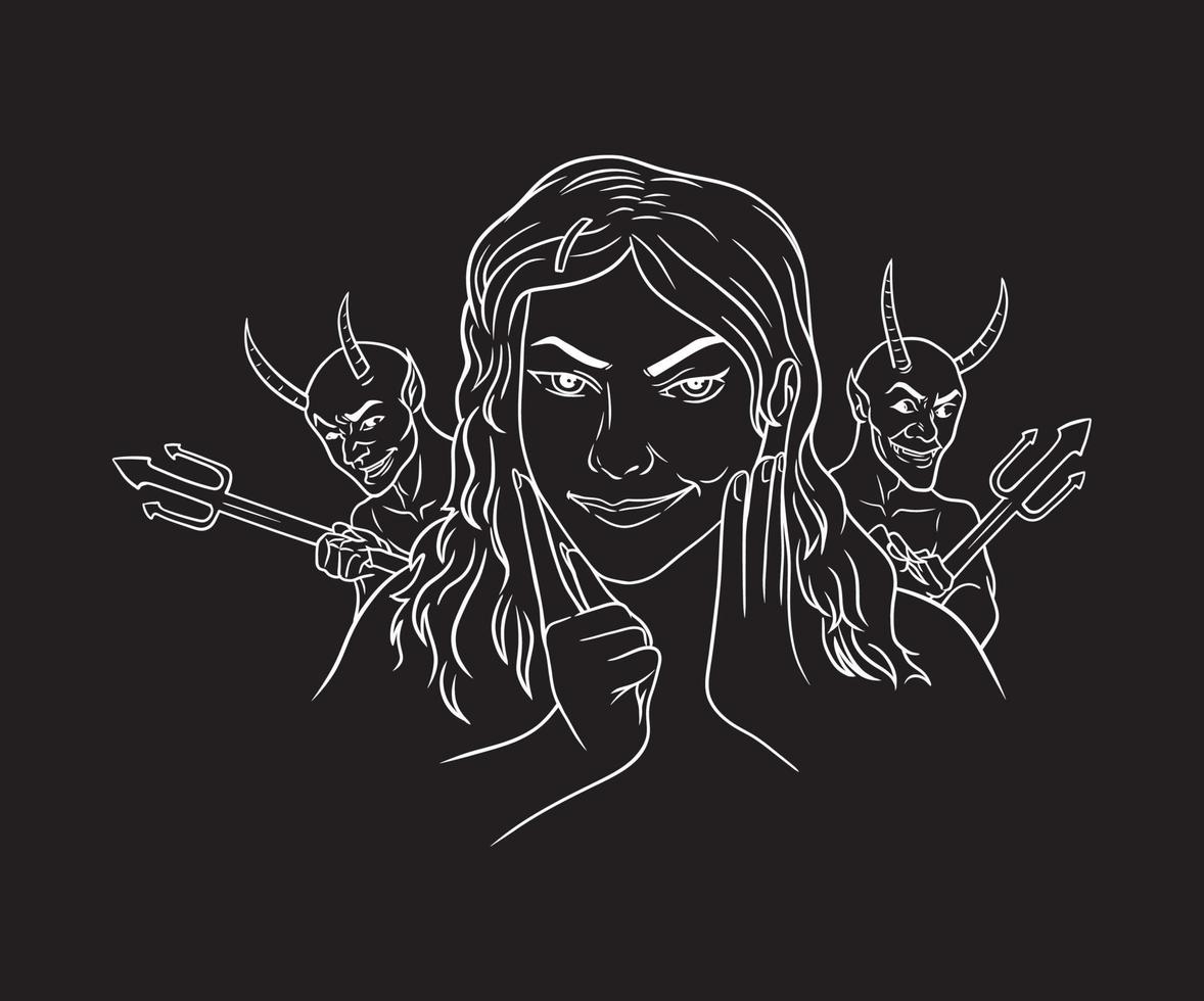 a beautiful young woman tempted by the devils black and white vector illustration on black background