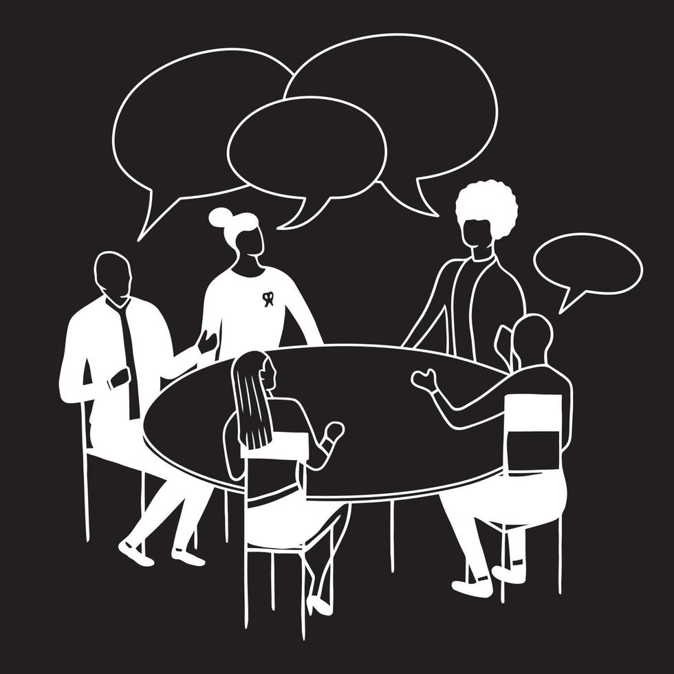 Business teamwork meeting discussion at the round table black and white vector illustration on black background