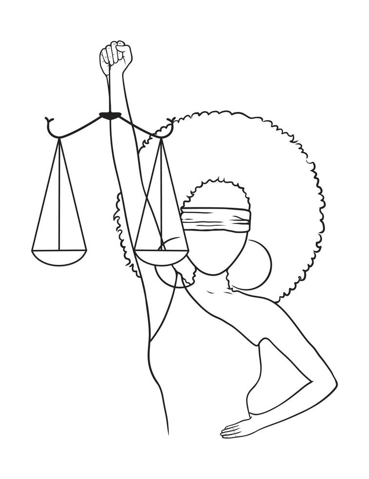 mujer afro justicia ilustración en blanco y negro sobre fondo blanco vector