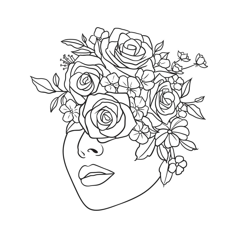 Beautiful woman face with flowers black and white illustration on white background vector