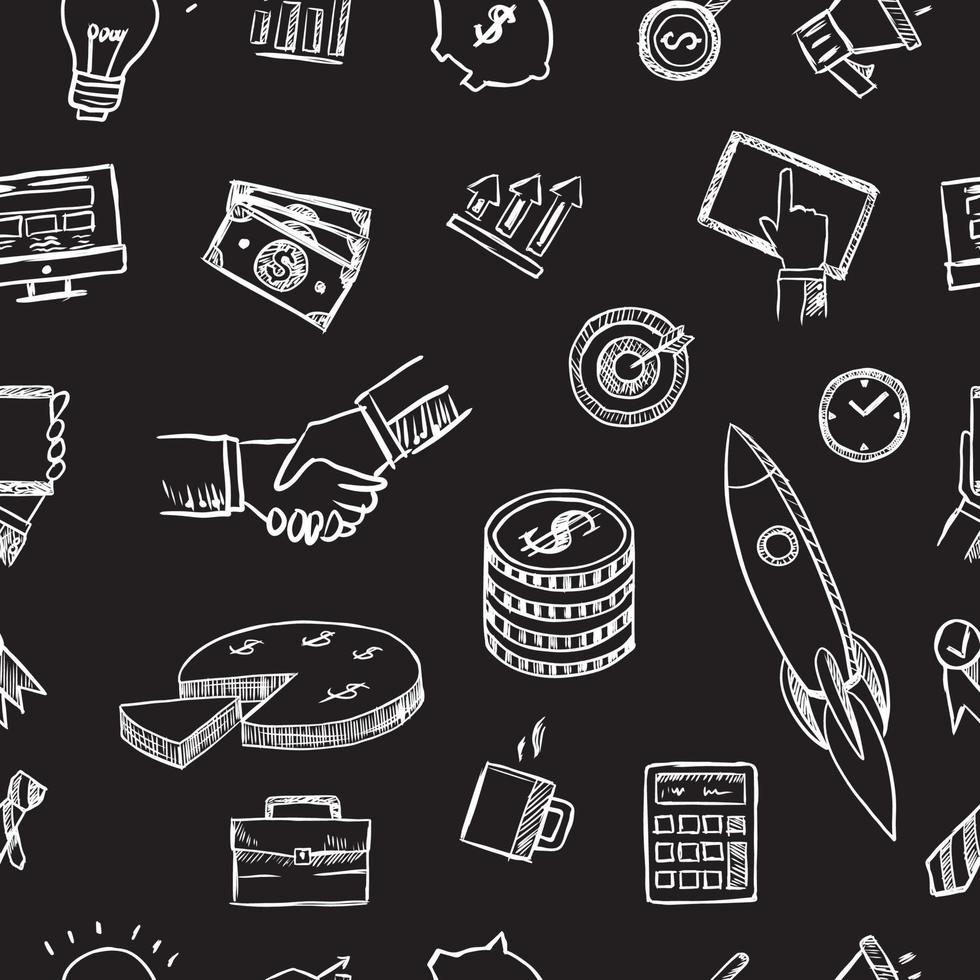 hand drawn business elements vector seamless pattern on black background