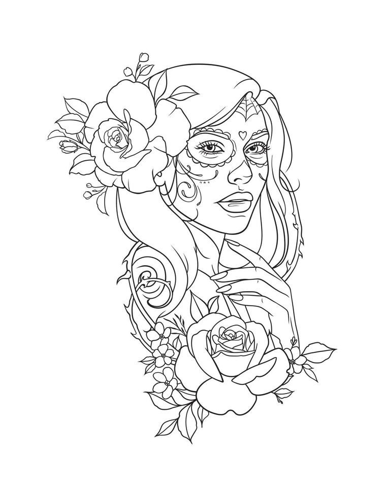 ilustración de mujer con cabello largo, decorada con elementos florales. blanco y negro, antiestrés. libros para colorear para adultos. vector