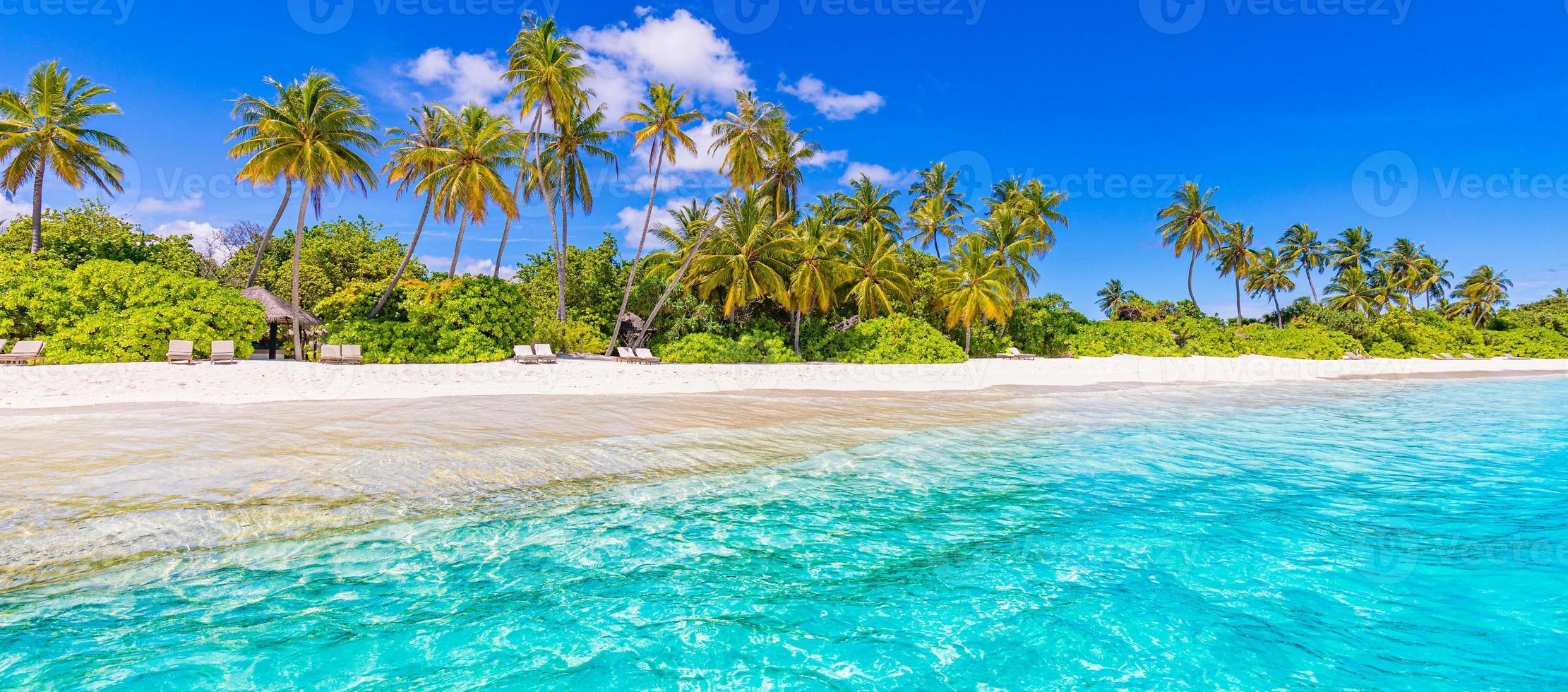 Panoramic Maldives island beach. Tropical landscape summer panorama, white sand with palm trees sea. Luxury travel vacation destination. Exotic beach landscape. Amazing nature, relax, freedom nature photo