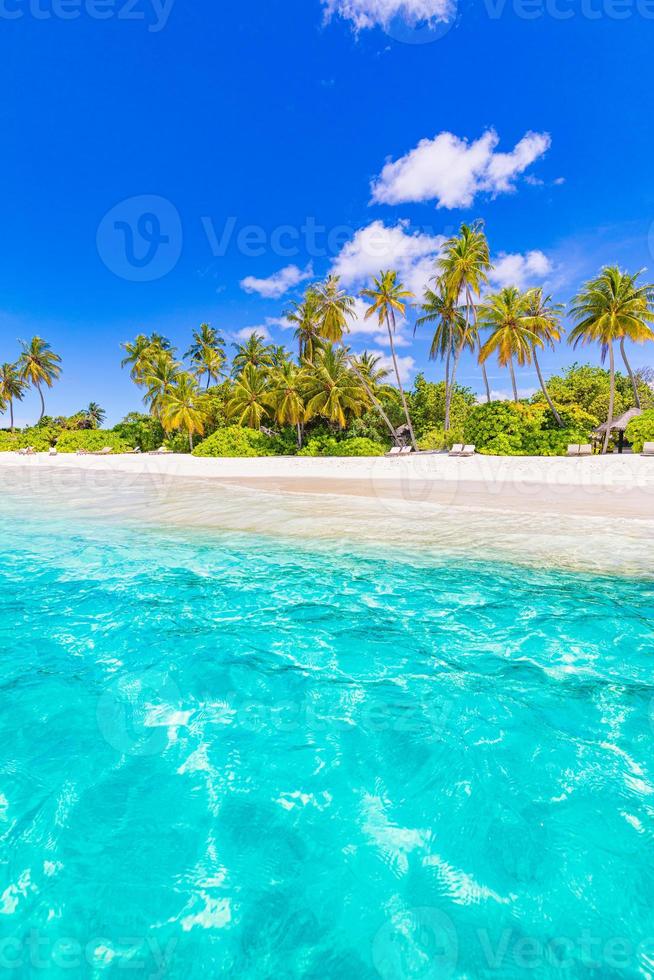 playa de la isla de maldivas. paisaje tropical vertical de paisaje de verano, arena blanca con palmeras. destino de vacaciones de viaje de lujo. paisaje de playa exótico. naturaleza asombrosa, relax, libertad naturaleza foto